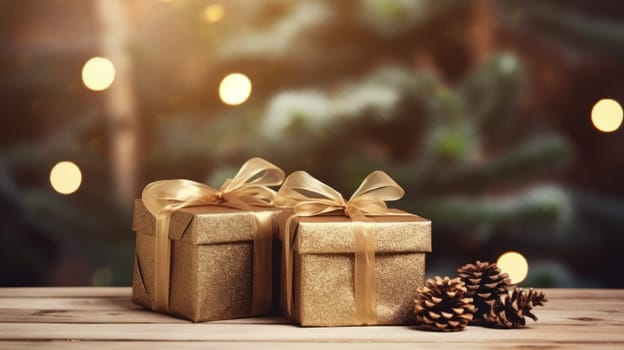 Christmas gift boxes on a wood table ready for joyful holiday celebration, merry Christmas and happy new year 2024 festival comeliness