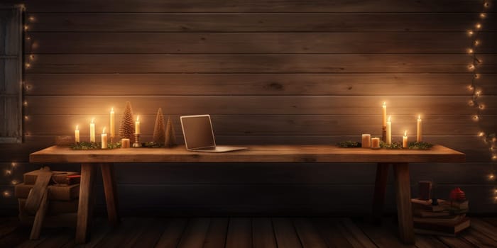 wider view of wooden desk with christmas decor at home in winter comeliness