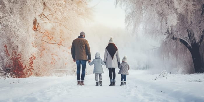 Happy family Father, mother and children are having fun and playing on snowy winter walk in nature. comeliness