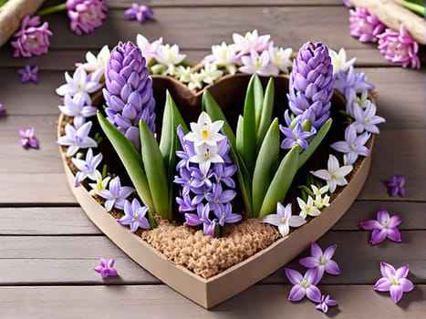 Happy International Women Day, hyacinth over background heartfelt congratulations on March 8th and Mother's Day