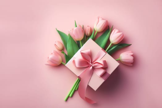 Mother's Day decorations concept. Top view of trendy gift boxes with ribbon bows and tulips on pastel pink background with copyspace, March 8 and Women's Day