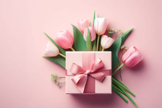 Mother's Day decorations concept. Top view of trendy gift boxes with ribbon bows and tulips on pastel pink background with copyspace, March 8 and Women's Day