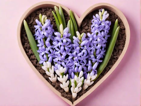 March eight Women's Day card from spring hyacinth flowers heart. Minimal greeting card for International Women Day on blue background