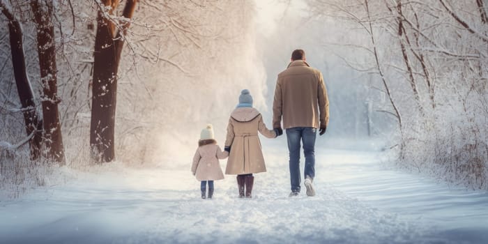 Happy family Father, mother and children are having fun and playing on snowy winter walk in nature. comeliness