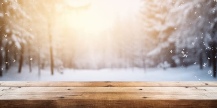 Empty table in beautiful winter landscape, wood plank board in snow mountain outdoor comeliness