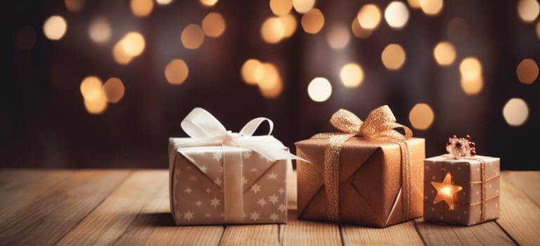 Christmas gift boxes on a wood table ready for joyful holiday celebration, merry Christmas and happy new year 2024 festival comeliness