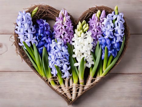 March eight Women's Day card from spring hyacinth flowers heart. Minimal greeting card for International Women Day on blue background