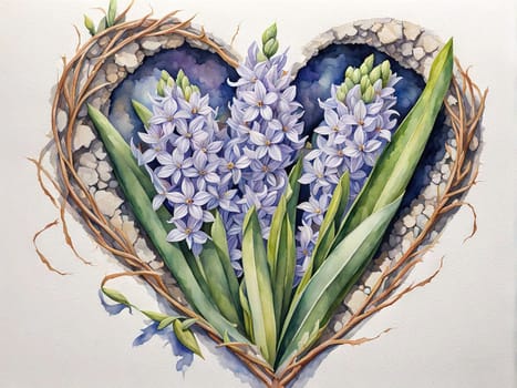 Watercolor Illustration March 8th heart made hyacinths. International Women's Day, or Mother's Day. Abstract pink and violet Watercolor Greeting Card.