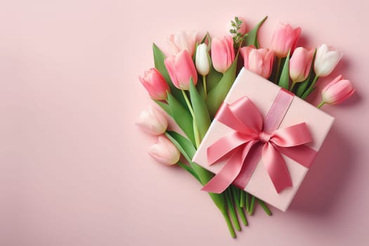 Mother's Day decorations concept. Top view of trendy gift boxes with ribbon bows and tulips on pastel pink background with copyspace, March 8 and Women's Day