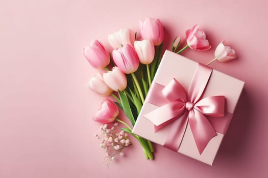 Mother's Day decorations concept. Top view of trendy gift boxes with ribbon bows and tulips on pastel pink background with copyspace, March 8 and Women's Day