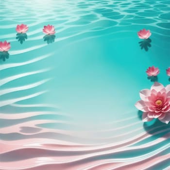 Pink flowers lilies and buds floating on blue surface water with rings and ripples, splashes and bubbles. Spa and cosmetics background.