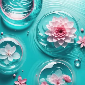 Pink flowers lilies and buds floating on blue surface water with rings and ripples, splashes and bubbles. Spa and cosmetics background.