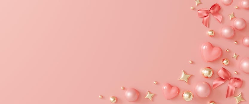 Elegant panoramic banner with pink and golden pearls, shiny stars scattered around a silky ribbons and hearts, ideal for Valentine's Day themes. Woman's, Mother's Day background. Copy space. 3D