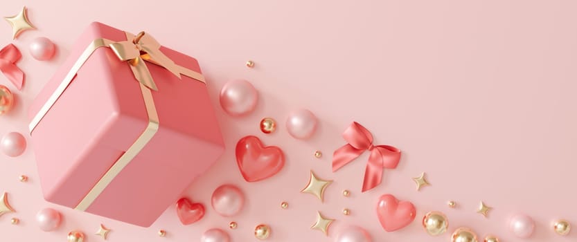 Elegant panoramic banner with pink and golden pearls, shiny stars scattered around beautiful gift box, ideal for Valentine's Day themes. Woman's, Mother's Day background. Copy space. 3D render