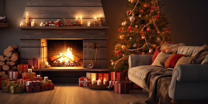 Interior of decorated living room with Christmas tree and comfortable sofa for family comeliness