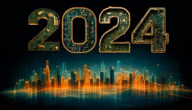 2024 new year, digital technology concept, above futuristic city skyline computer and artificial intelligence, AI for 2024 taintless lifestyle