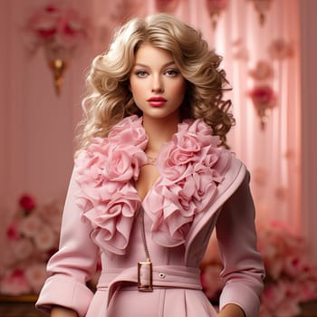 bright portrait of a blonde with curls in pink on a pink background. Ai Generative