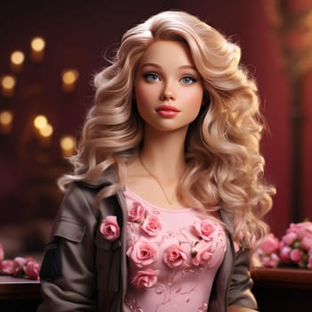 bright portrait of a blonde with curls in pink on a pink background. Ai Generative