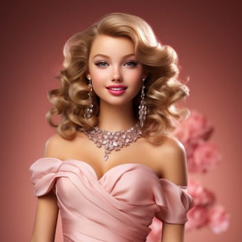 bright portrait of a blonde with curls in pink on a pink background. Ai Generative