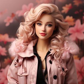 bright portrait of a blonde with curls in pink on a pink background. Ai Generative