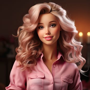 bright portrait of a blonde with curls in pink on a pink background. Ai Generative