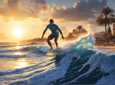 one male surfer catch waves in the sea at sunset in idyllic place beach ai generated