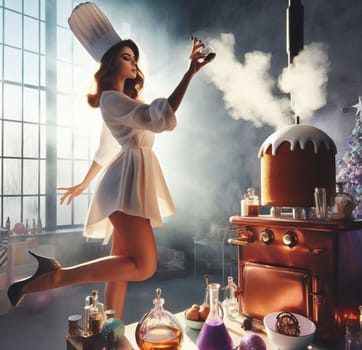 glamourous chef in steampunk kitchen with windiwn natural light cooking posing dancing singing illustration generative ai art