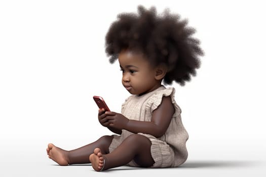 Cute little African American baby girl is sitting on a white background and hold a smartphone.