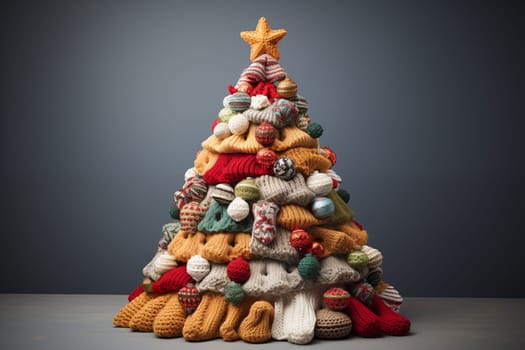Creative knitted multicolor Christmas tree with knitted balls stand isolated on a grey background.