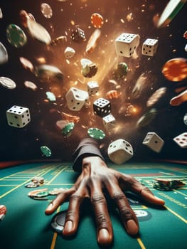 casino scene on a gaming table, freeze action fly dice, cards and chips, dark, bokeh , human hand generative ai art