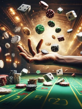 casino scene on a gaming table, freeze action fly dice, cards and chips, dark, bokeh , human hand generative ai art