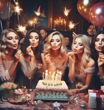 young fashionista elegant woman and group of friends celebrating birthday blowing candles ai art generated