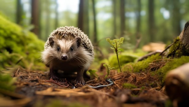 Wild Hedgehog Erinaceus Europaeus Eats Worm and Snake in Green Forest, on Moss-covered Ground Horizontal. Copy Space for Copy. Animal Wildlife. AI Generated. High quality photo