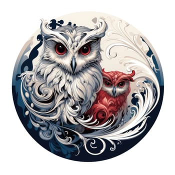 Illustration of an owl family in a decorative art style isolated on white. Template for sticker, t-shirt print, poster, etc.