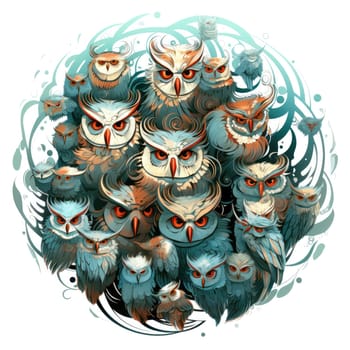 Illustration of an owl family in a decorative art style isolated on white. Template for sticker, t-shirt print, poster, etc.