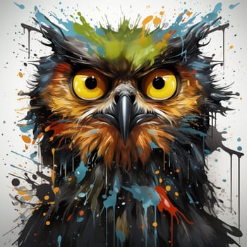 Close-up image of an owl with yellow eyes. Colorful splashes. High quality photo