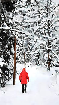 A person dressed in red walks alone in the snowy forest during a sunny day in winter.