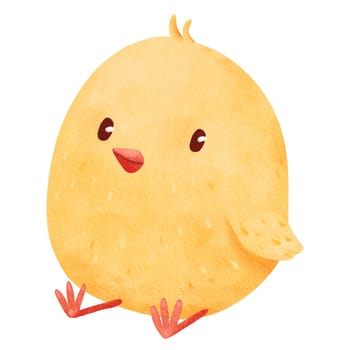 Adorable, fluffy yellow chick sitting. Perfect for a newborn baby card, capturing the sweet essence of a little one. Ideal for conveying heartfelt wishes and joy for the newest arrival. Watercolor.