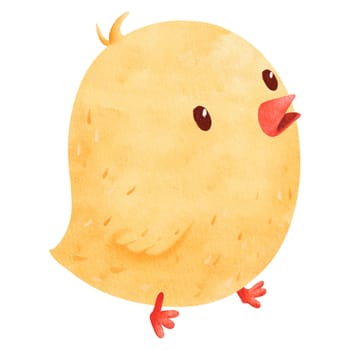 Fluffy, amazing chick strolling. Watercolor illustration in a cartoon style, showcasing the endearing and comical allure of a little bird in motion. for conveying a playful and jovial atmosphere.