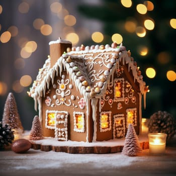 Wonderful holiday mood, beautiful gingerbread house for Christmas and New Year, dark background, selective focus, bokeh lights