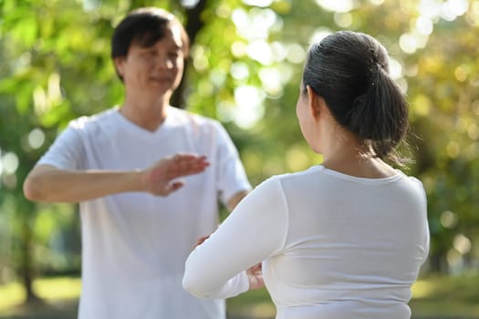 Asian senior couple doing Qigong exercises in the park. Healthy lifestyle concept