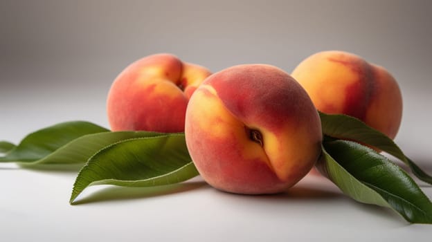 Beautiful peaches on a white isolated background. selective focus. Generative AI,