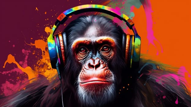 Funny gorilla in studio headphones. selective focus. Generative AI,