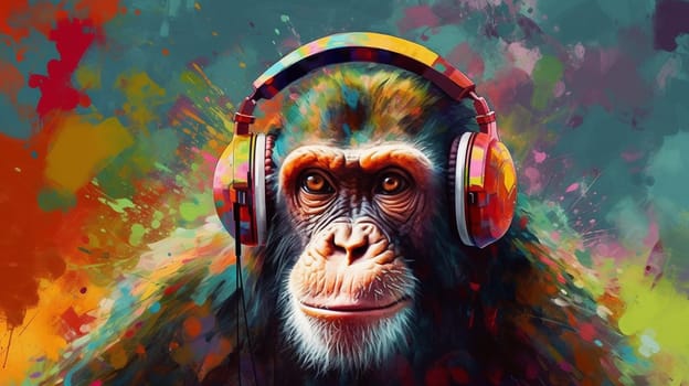 Funny gorilla in studio headphones. selective focus. Generative AI,