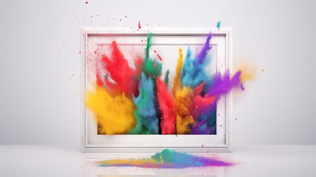 Product display frame with colorful explosion on white background. arts. selective focus. arts. Generative AI,