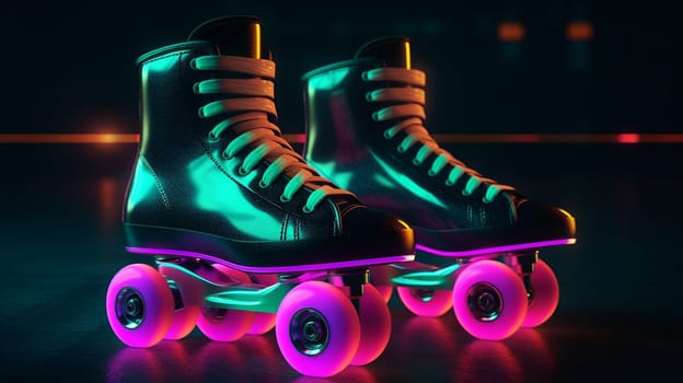 Neon roller skates in neon colors. sports selective focus. Generative AI,