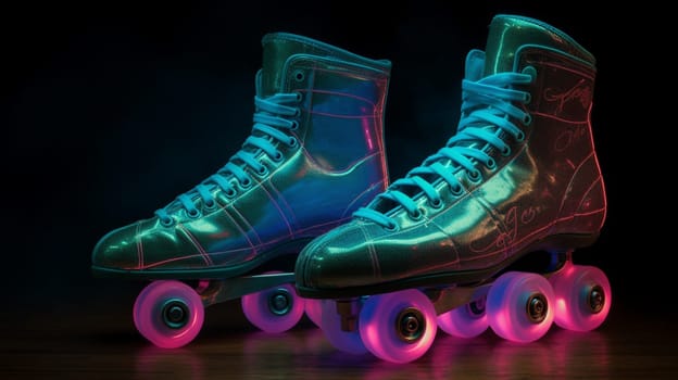 Neon roller skates in neon colors. sports selective focus. Generative AI,