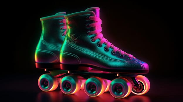 Neon roller skates in neon colors. sports selective focus. Generative AI,