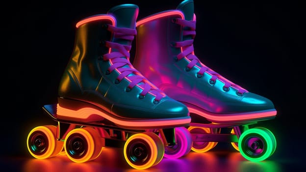 Neon roller skates in neon colors. sports selective focus. Generative AI,