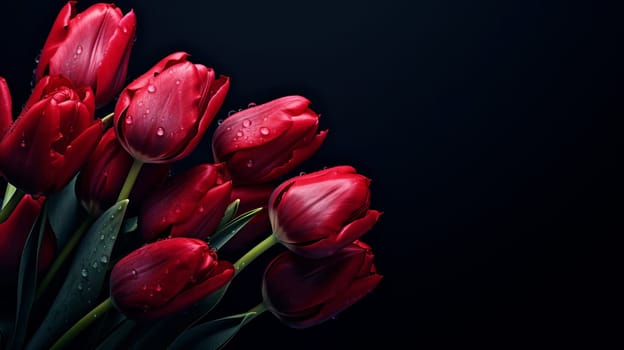 Bouquet of bright red tulip buds on a dark background, AI generated.